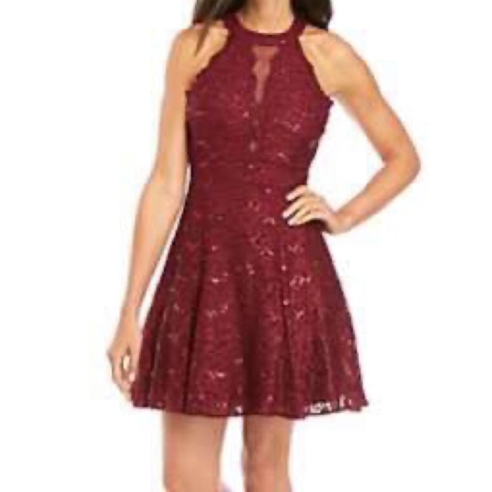 Sequin and lace scalloped halter neck dress